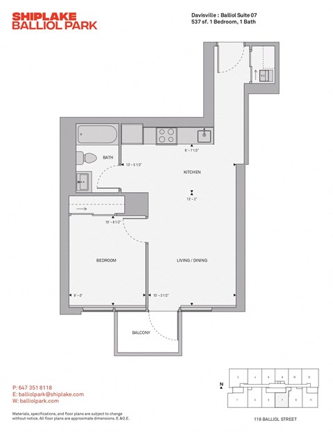 Floor plan for 1 bed, 1 bath, 537 sqft